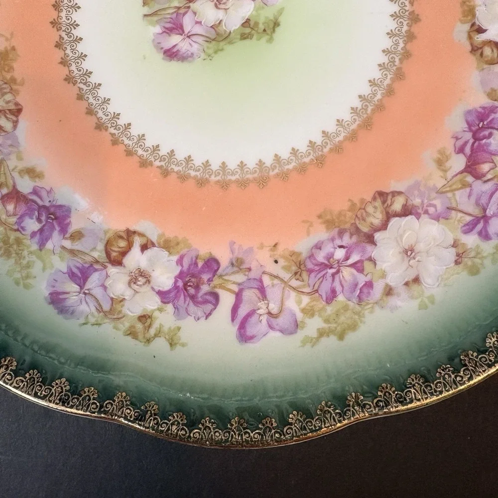 Antique Bavaria Z S & Co Floral Cake Plate Gold Trim Handles‎ Green Pink Peach